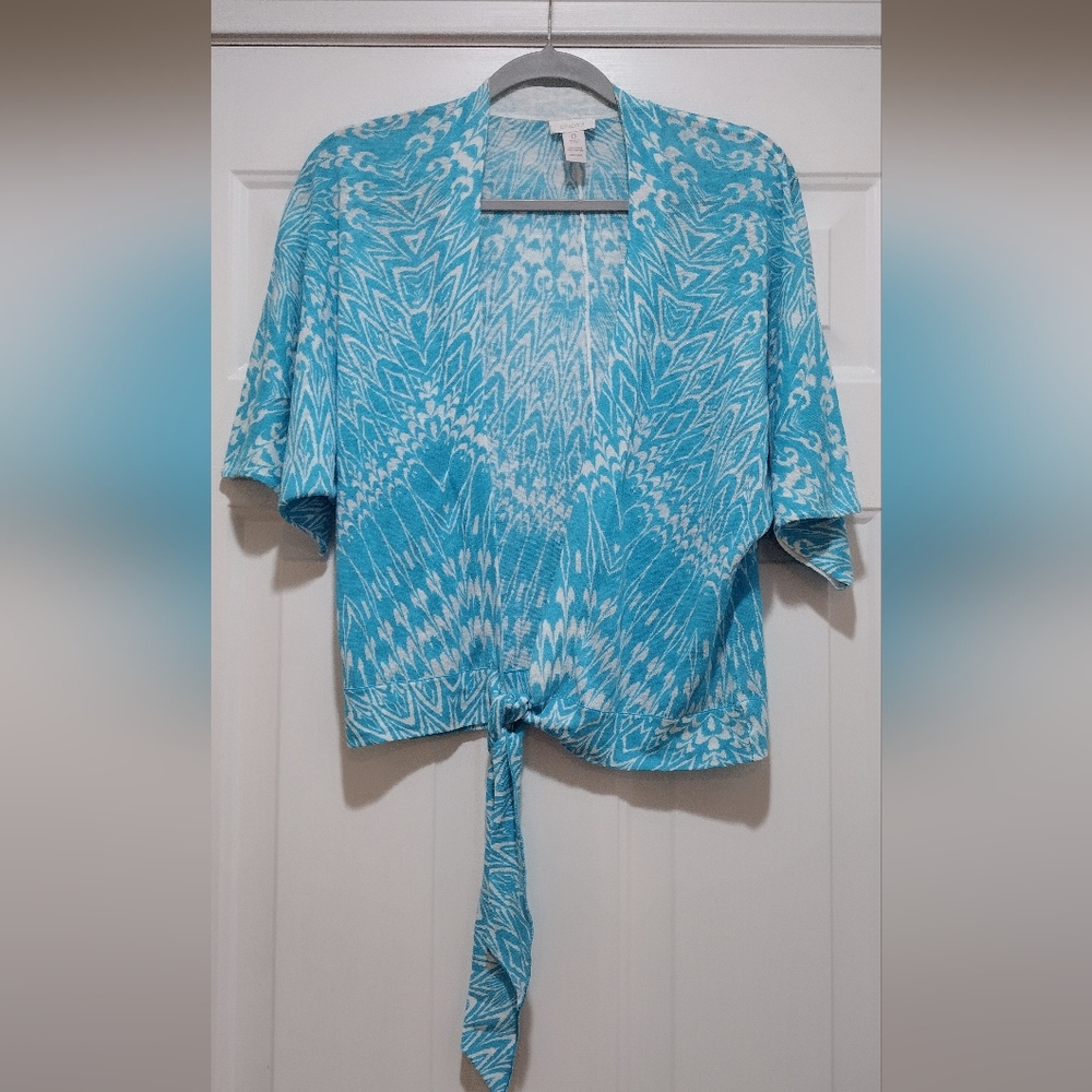 Chicos Size Small Linen Blend Knit Tie Beachy Blouse - Picture 2 of 6